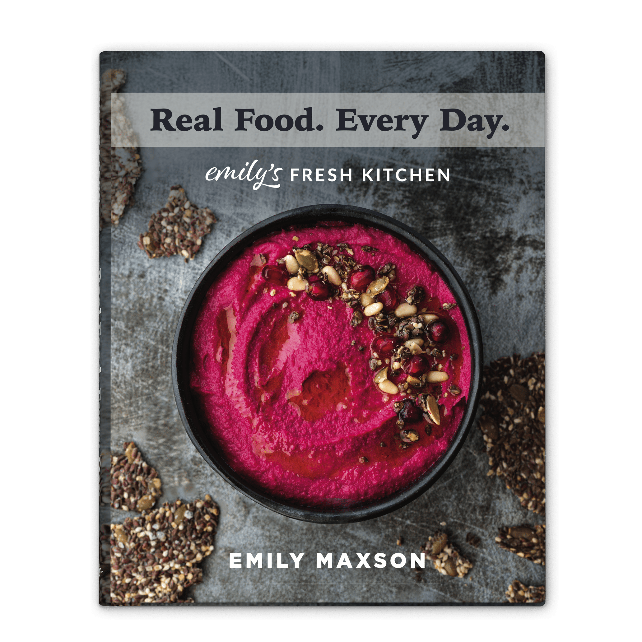 Book cover design, book page design, typesetting, print buying, and publishing services for Real Food. Every Day. by Mayfly book design and publishing services