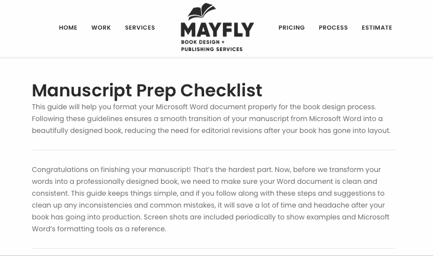 screen shot of Mayfly's Manuscript Prep Checklist, a resource for authors to prepare their manuscript for design and production